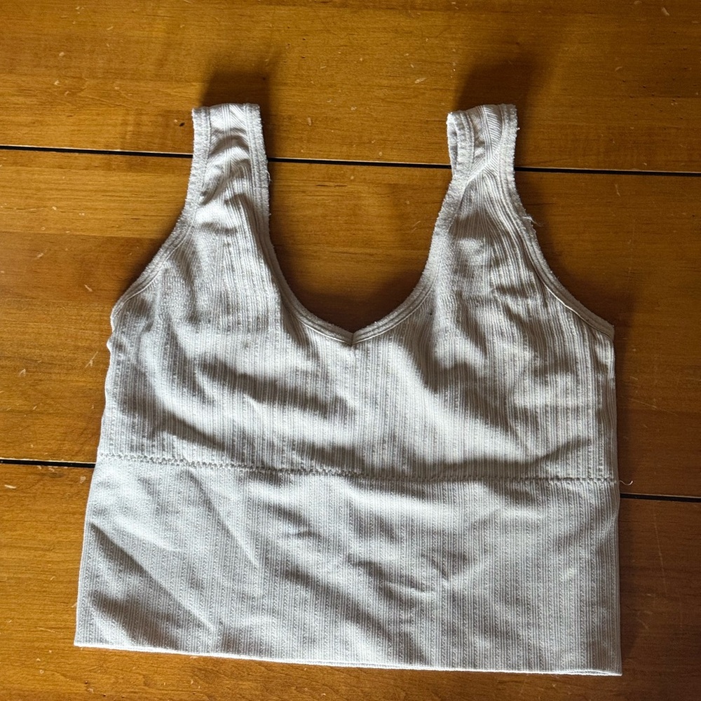 Ribbed Scoop Neck Crop Tank Top in Light Beige